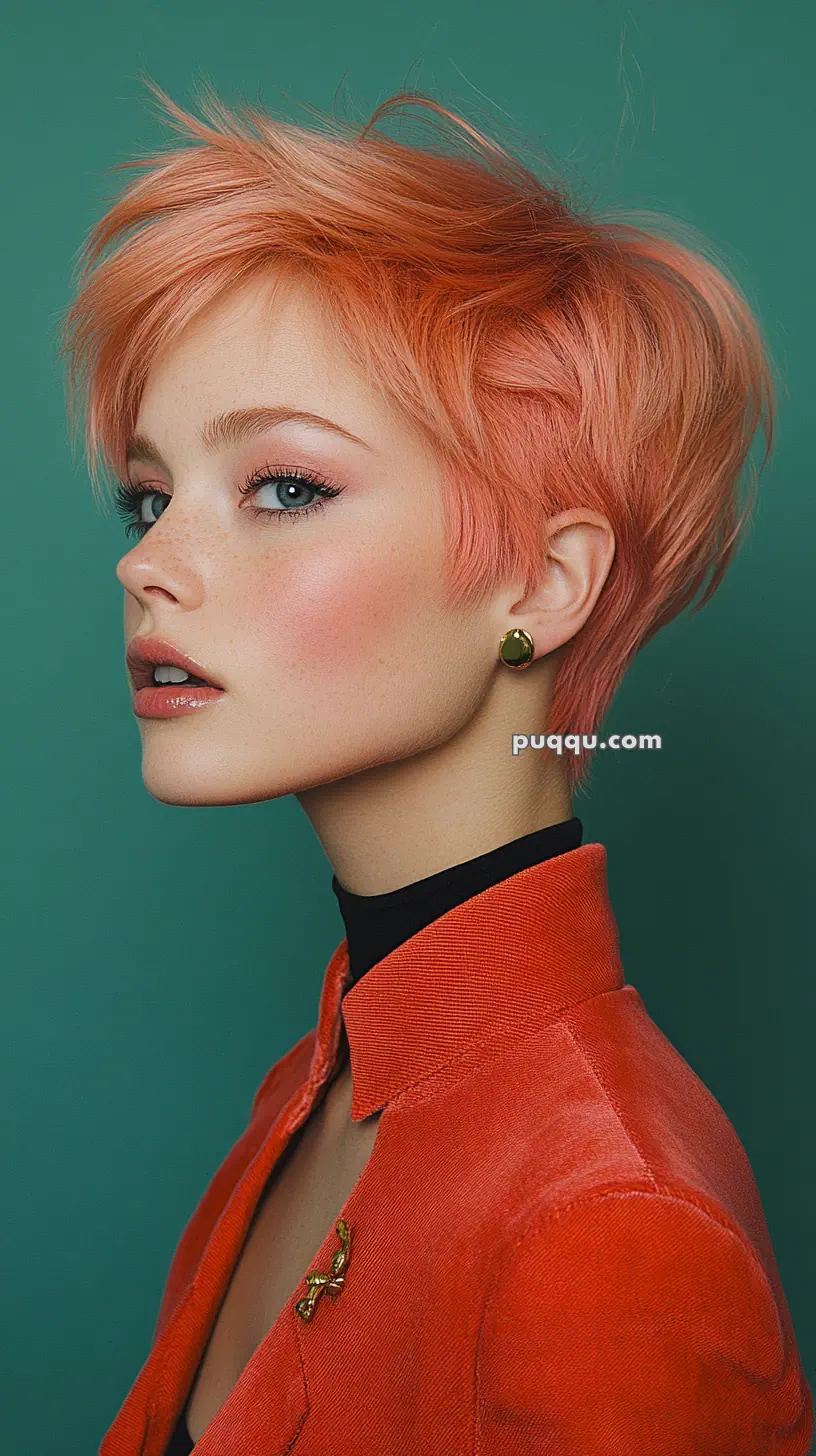 A person with short, peach-colored hair and freckles, wearing a red jacket and earrings, against a green background.