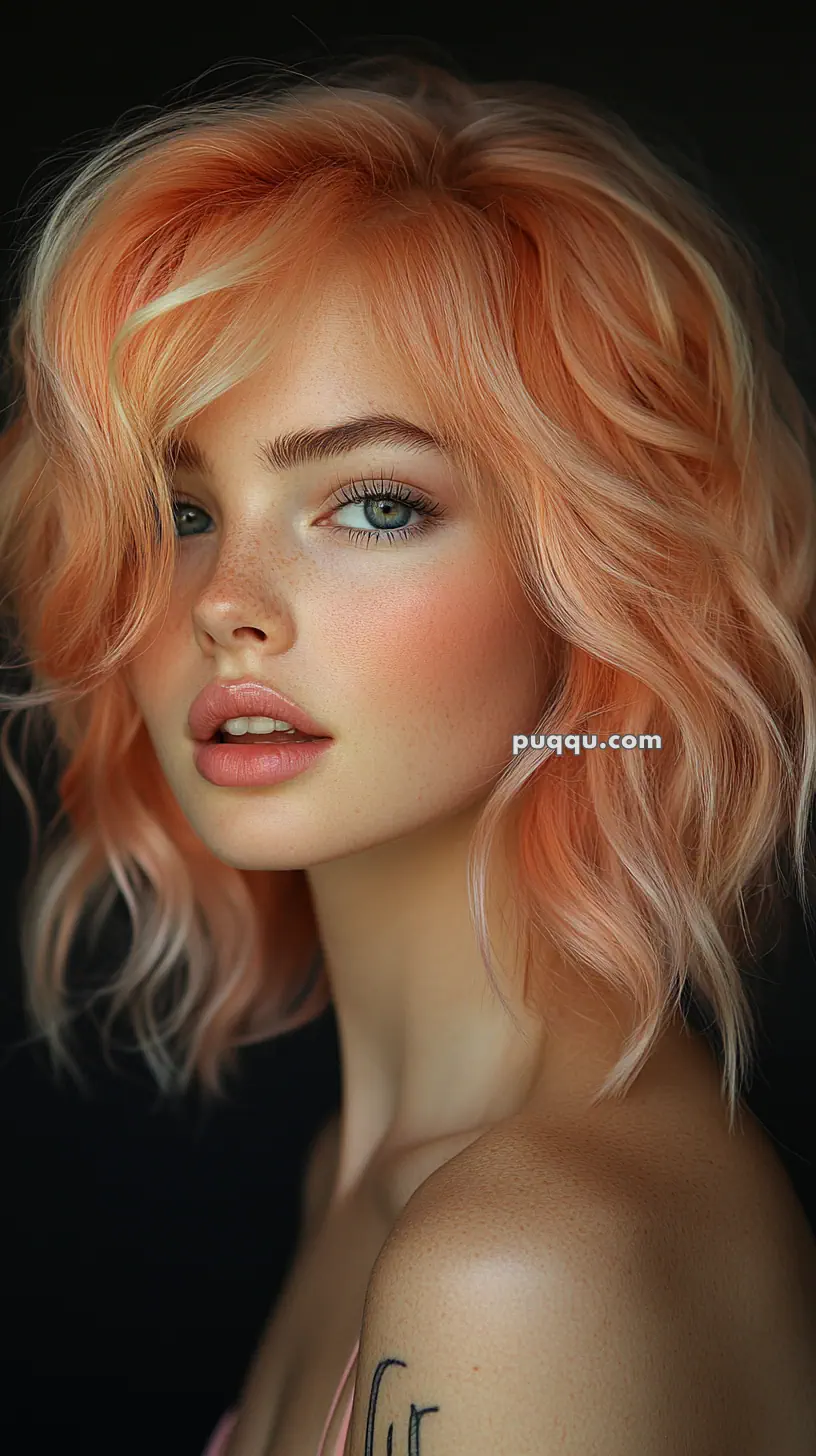 A person with wavy peach-colored hair, light makeup, and a tattoo on their shoulder, set against a dark background.