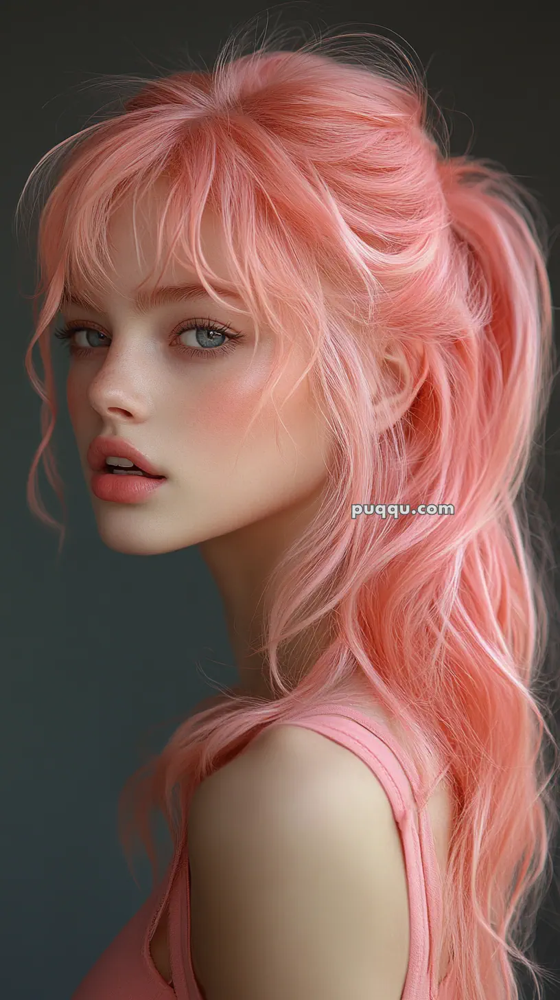 A person with long pink hair styled in a half-up ponytail, wearing a pink top.
