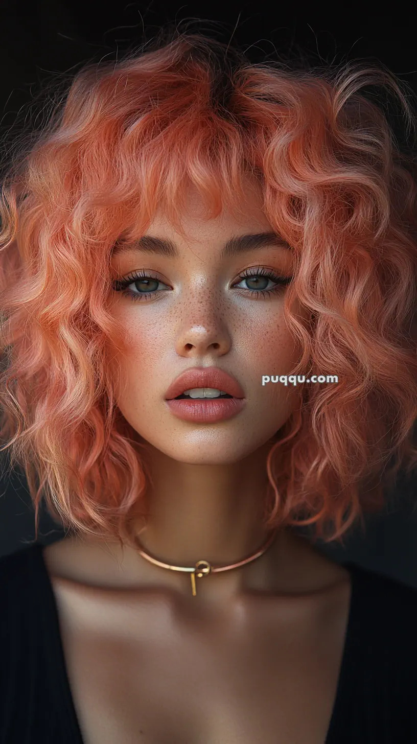 Woman with curly peach-colored hair and freckles wearing a gold choker necklace.