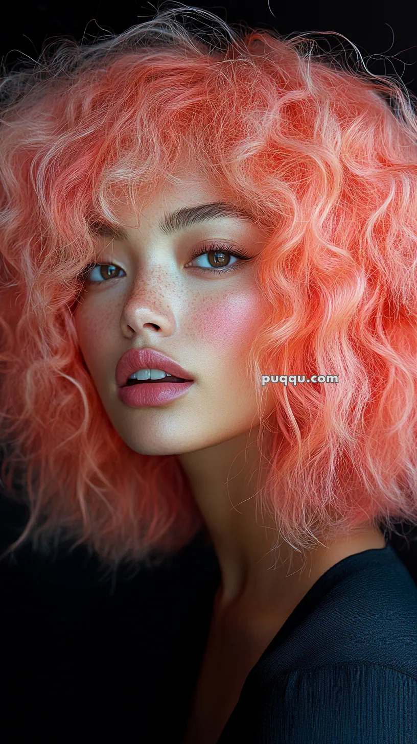 A person with curly, peach-colored hair, freckled skin, and pink makeup wearing a dark top.