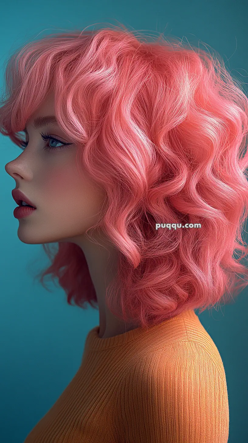 Person with curly pink hair, wearing an orange sweater, in profile view against a blue background.