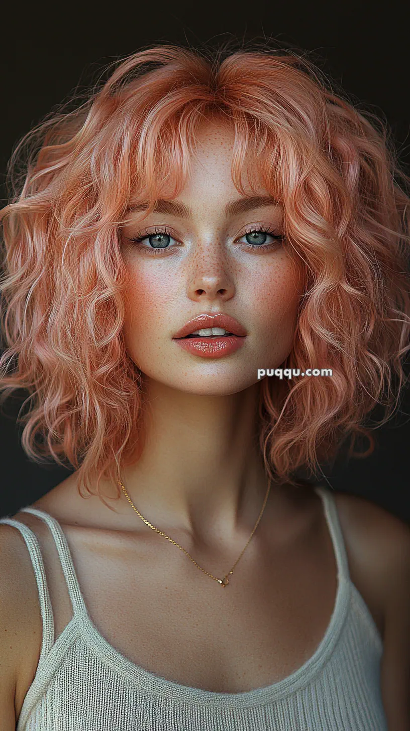 A person with curly pink hair, blue eyes, and freckles, wearing a light-colored tank top and a delicate necklace.