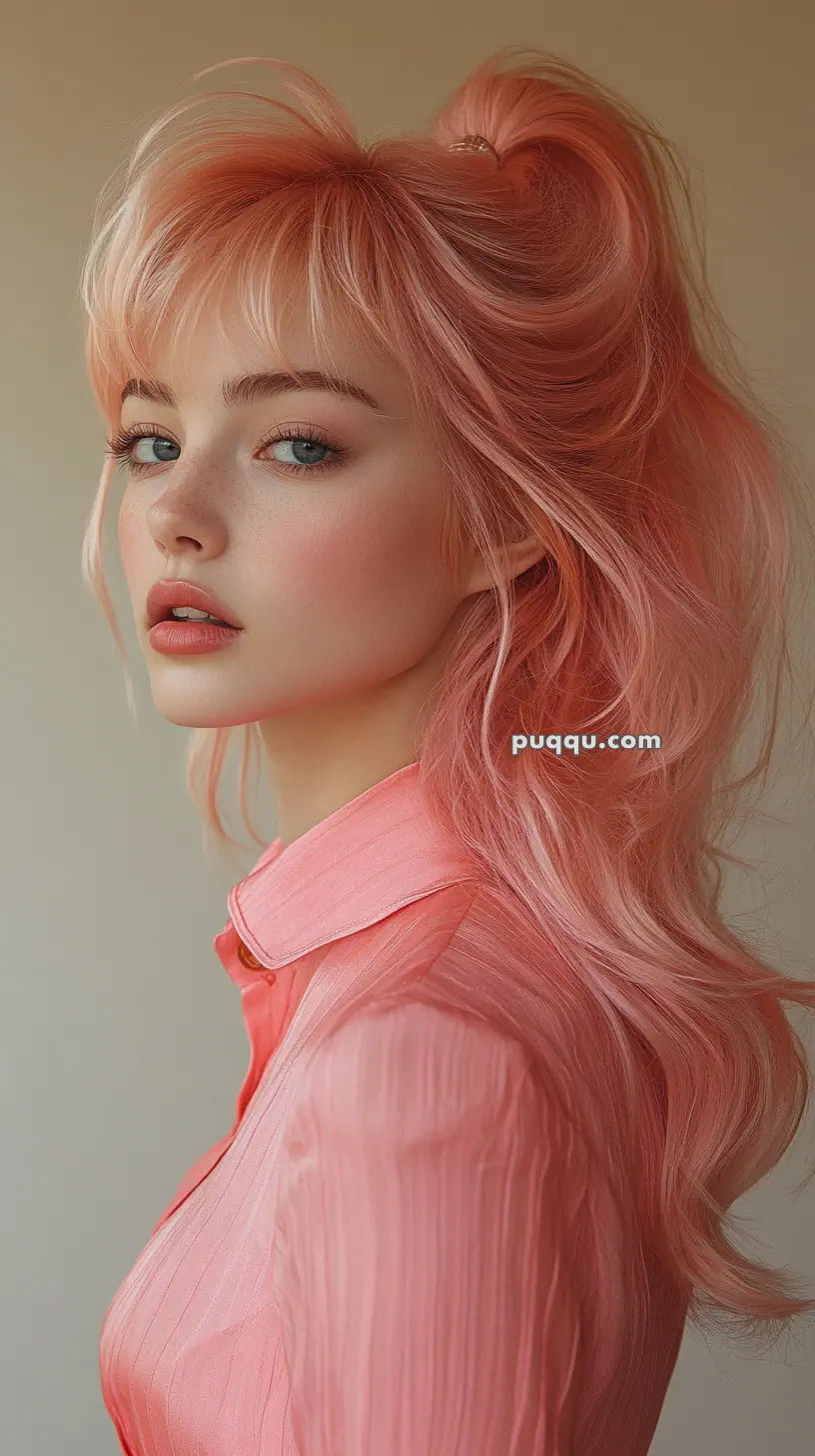 A person with long, wavy pink hair and wearing a pink shirt, looking to the side.