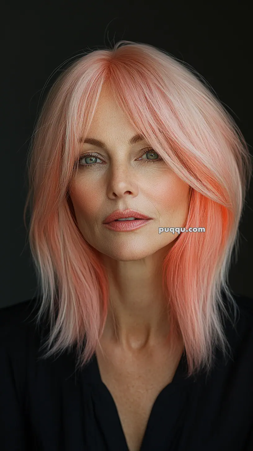 Woman with shoulder-length pastel pink hair, wearing a black top, with a calm expression.
