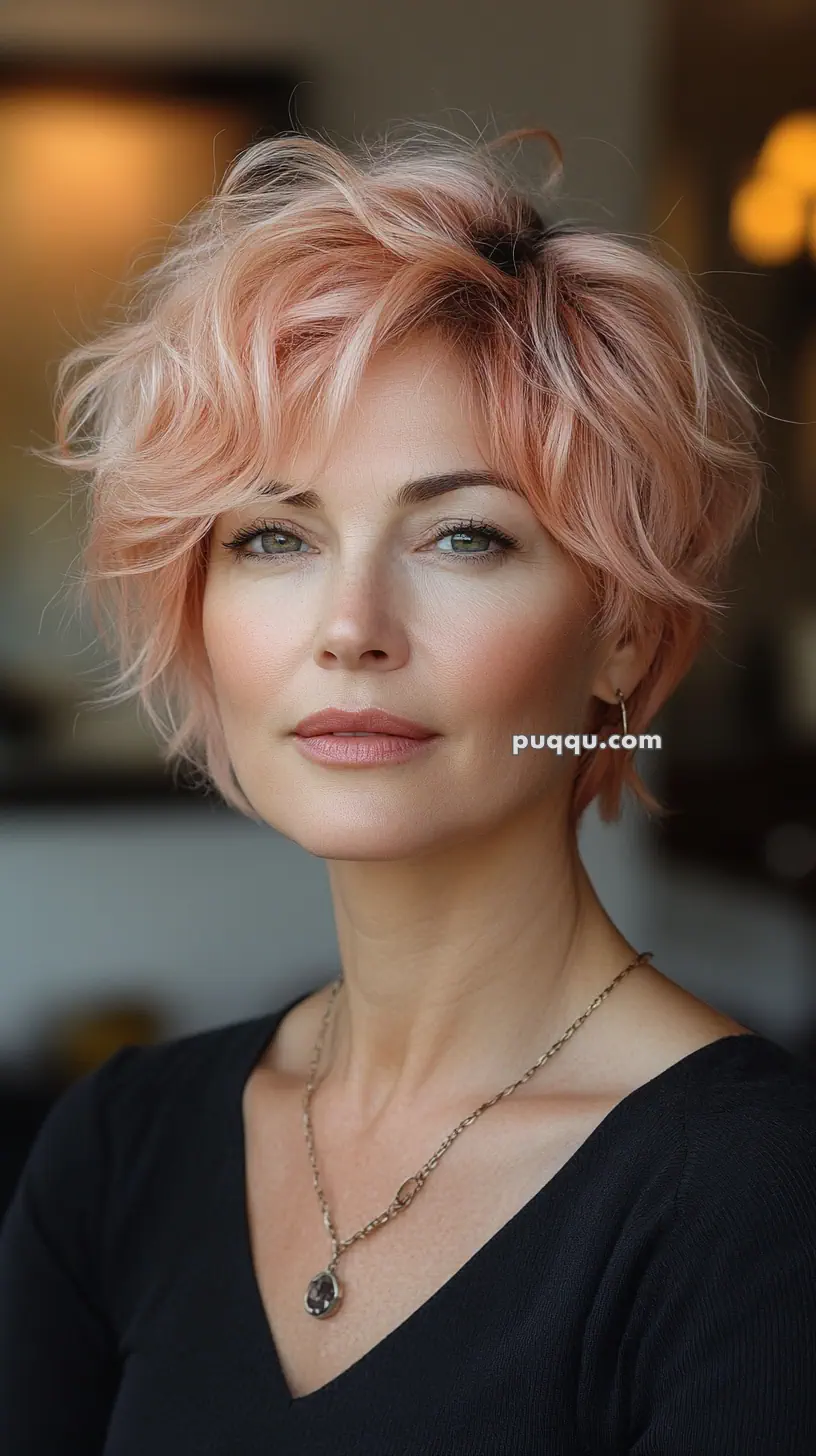 Woman with short, wavy, pastel pink hair wearing a black top and necklace.