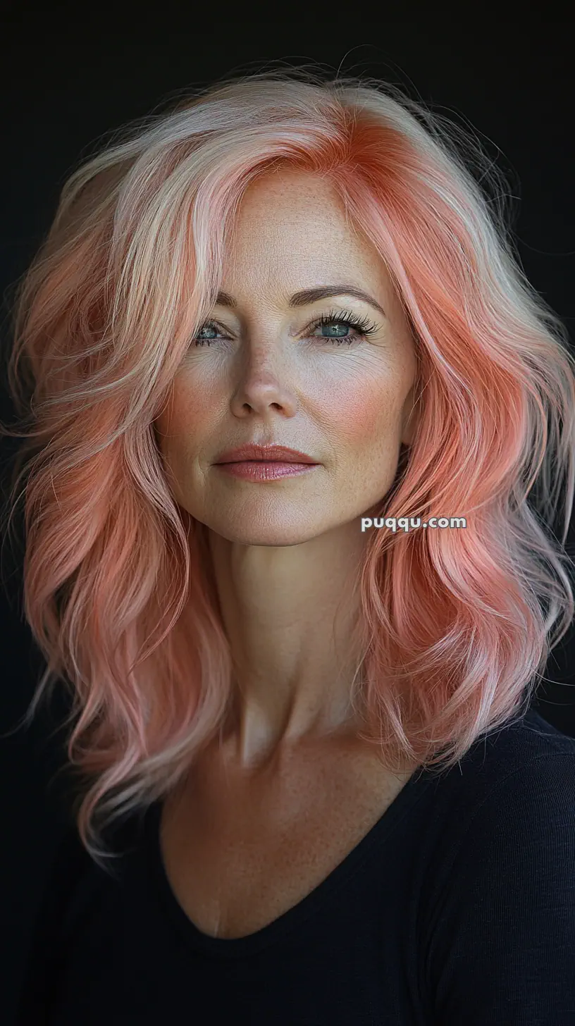 Woman with wavy pastel pink hair and a black top, facing forward.