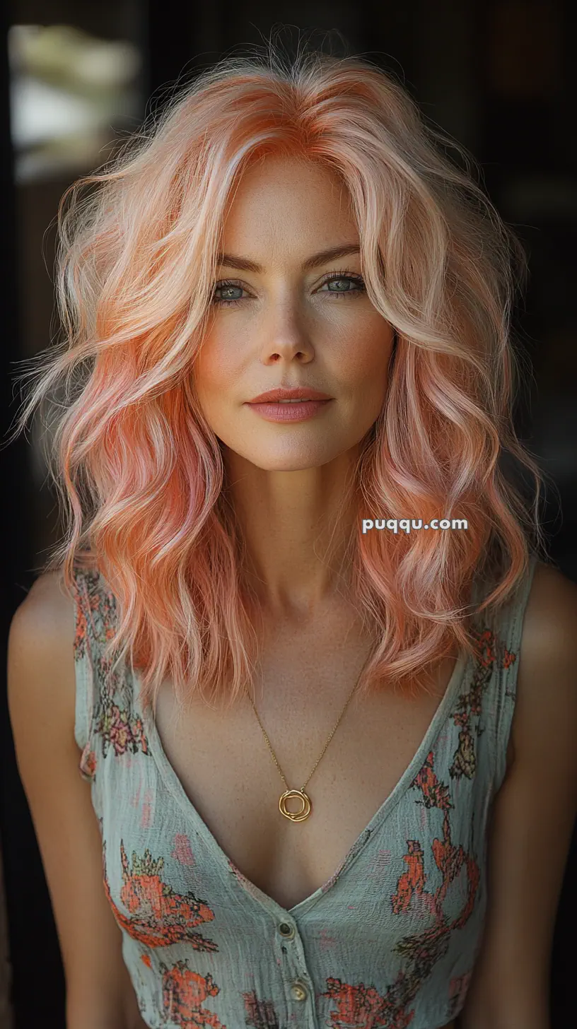 A woman with wavy peach-colored hair wearing a patterned dress and a gold necklace.