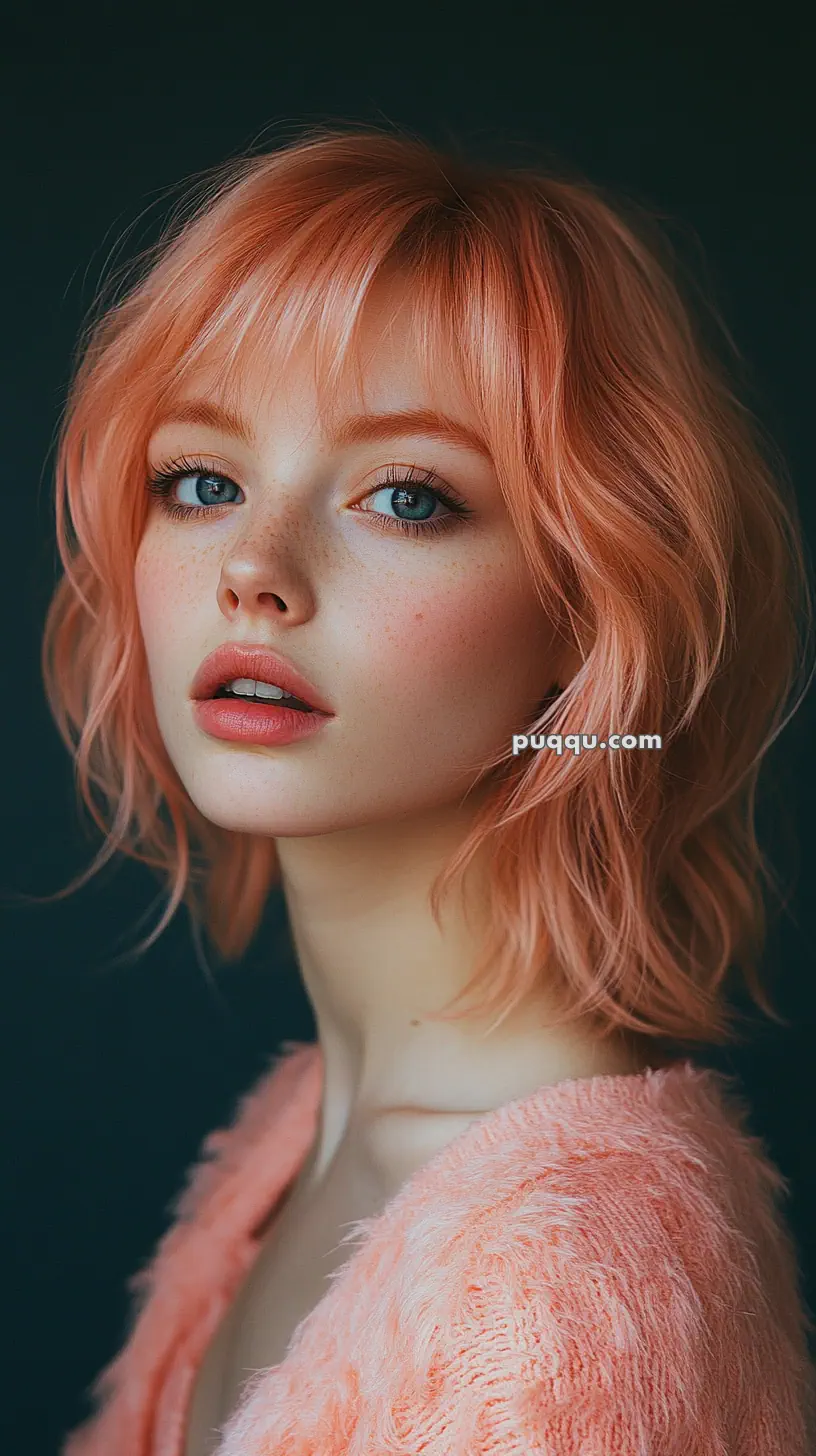 A person with peach-colored hair and soft makeup looking towards the camera, wearing a fuzzy peach sweater.