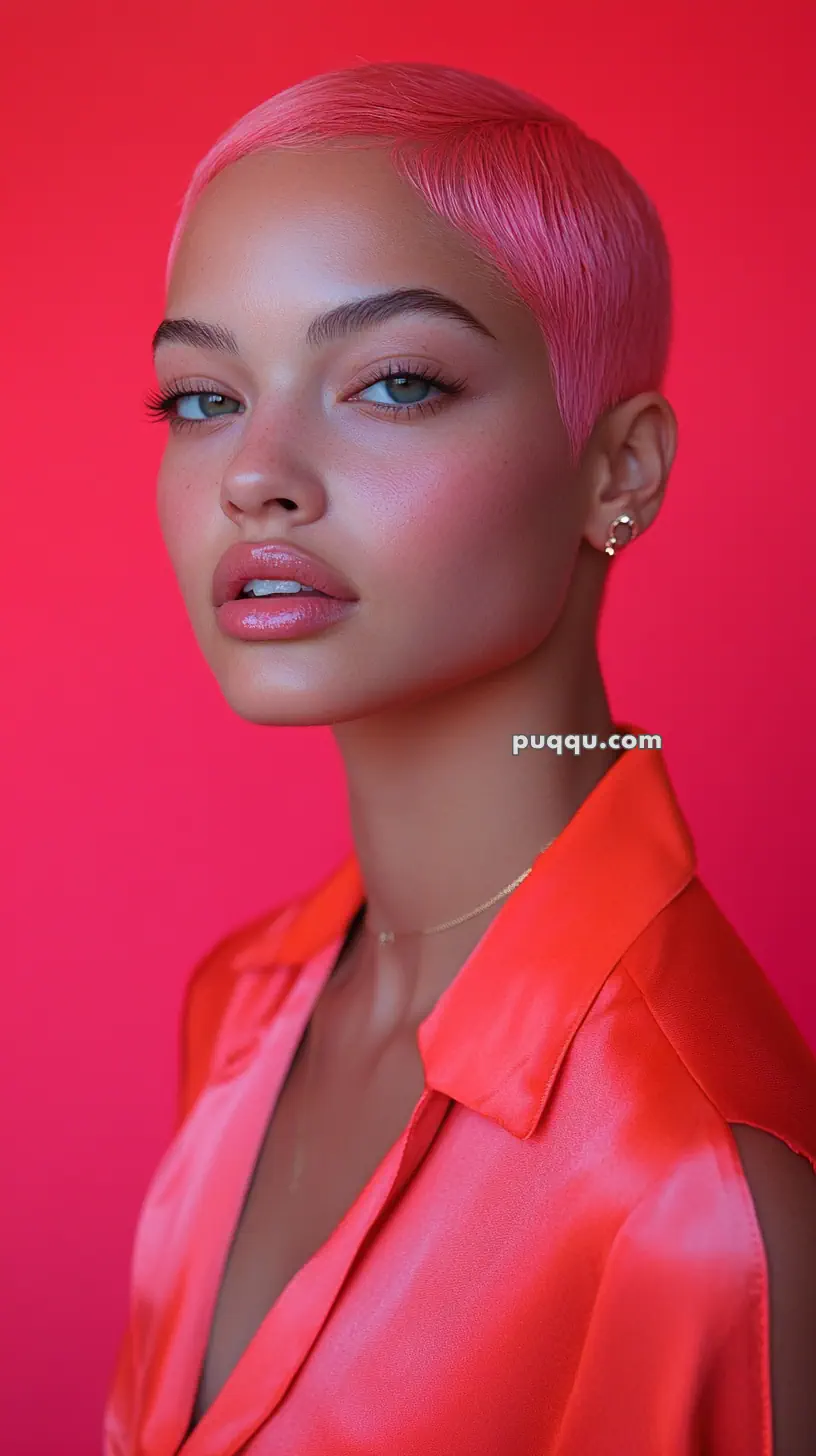 A person with short pink hair, wearing a vibrant orange top, against a red background.