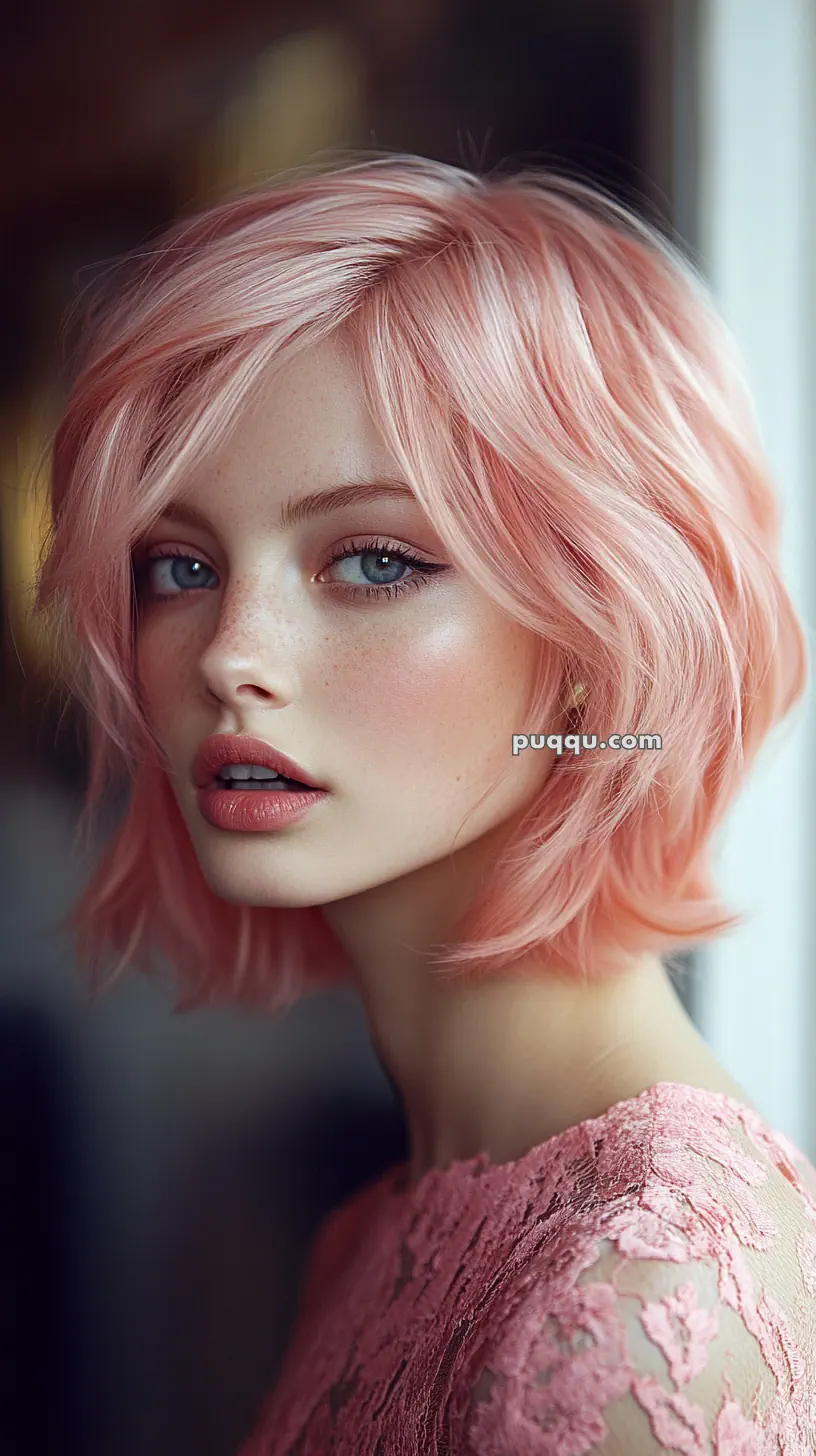 A person with short pink hair and freckles, wearing a pink lace top.