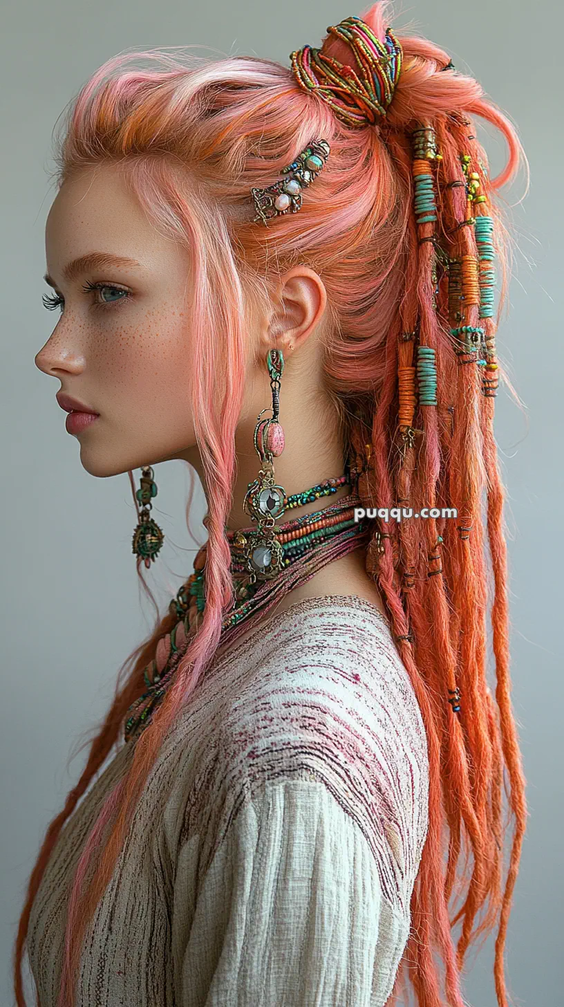 Person with pink hair styled in braids and adorned with colorful beads and jewelry, wearing earrings and a textured top.