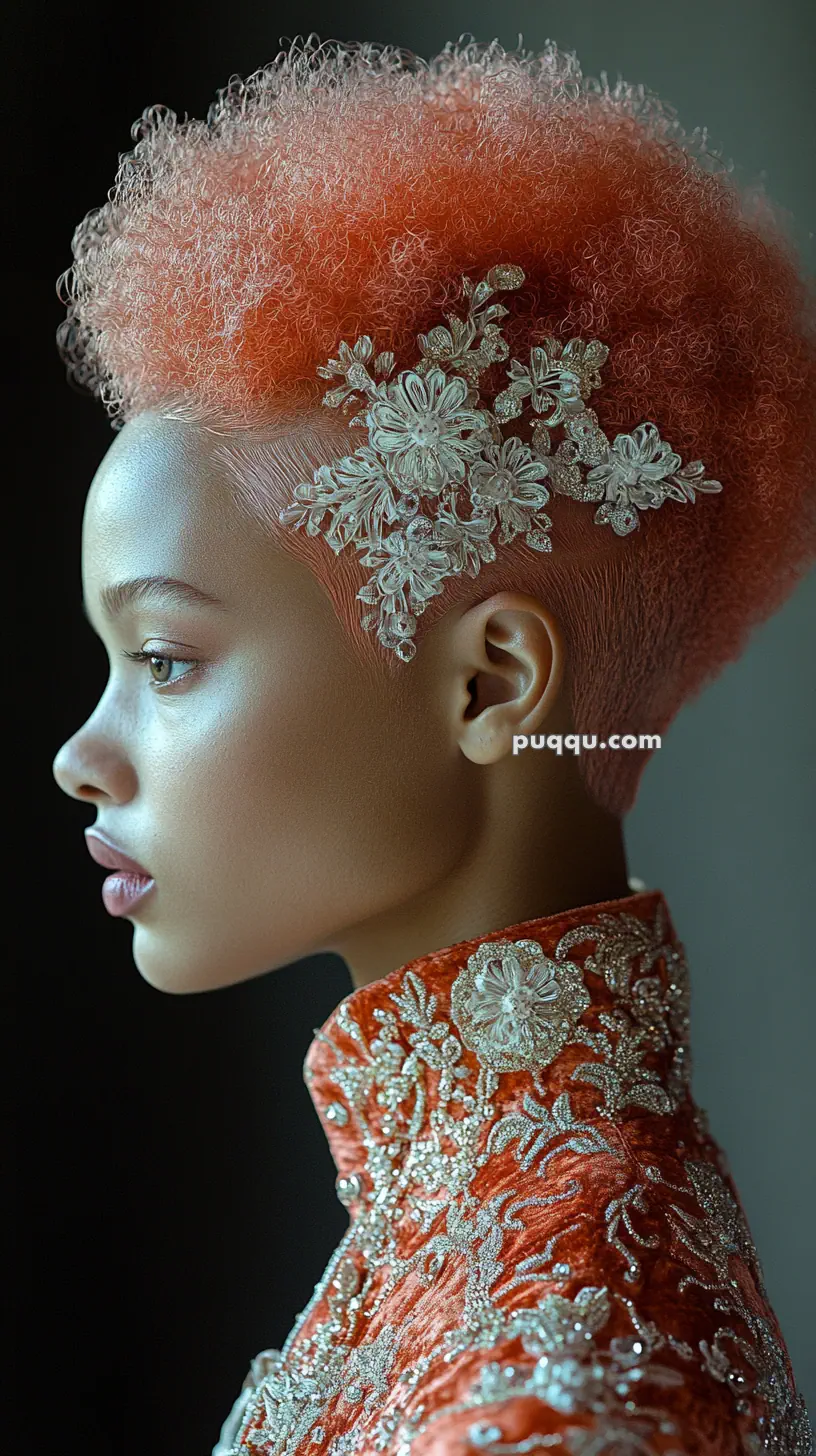Profile of a person with short, curly red hair adorned with floral accessories, wearing an ornate, embroidered high-collared garment.
