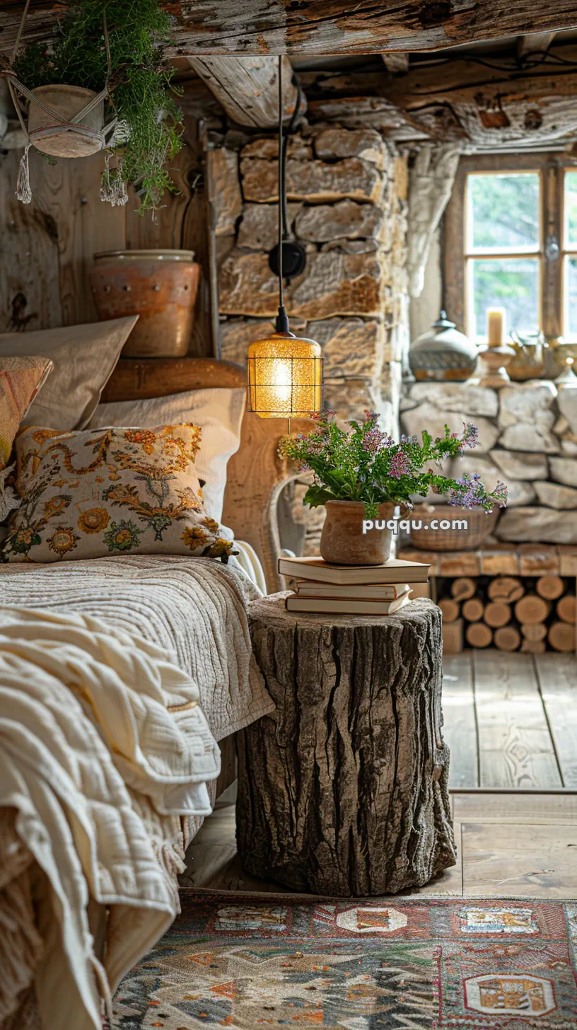Cozy rustic bedroom with a log side table, hanging lamp, decorative pillows, and potted plant, against a stone wall and window.
