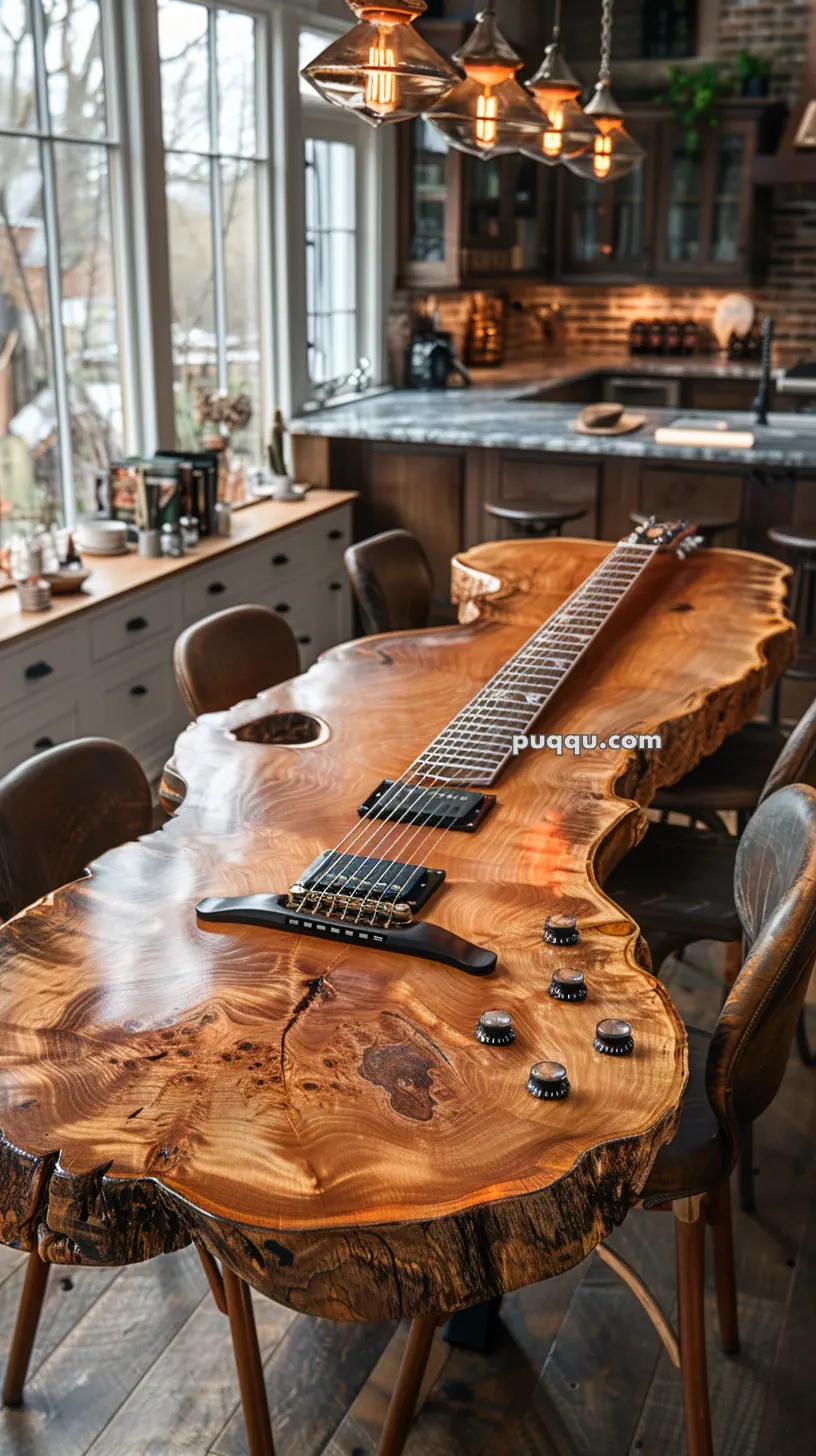 A kitchen with a large wooden table shaped like a guitar, featuring intricate wood grain and multiple control knobs, under warm pendant lighting.