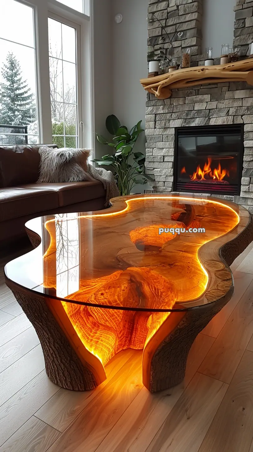 Unique glowing resin coffee table with wooden base in a cozy living room with stone fireplace.