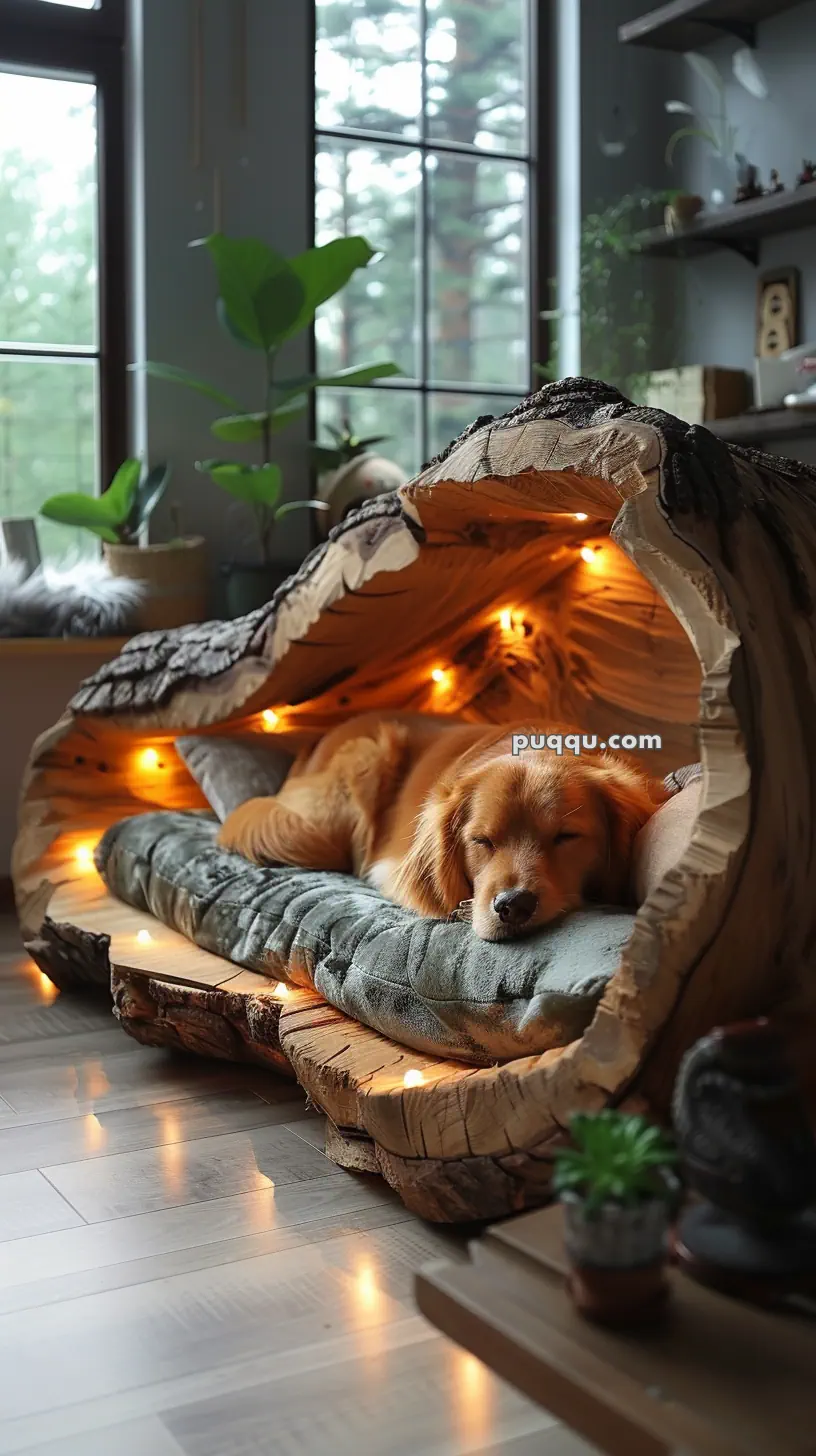 Dog sleeping inside a hollow log bed with soft cushions and warm lights, situated in a cozy room with plants and large windows.