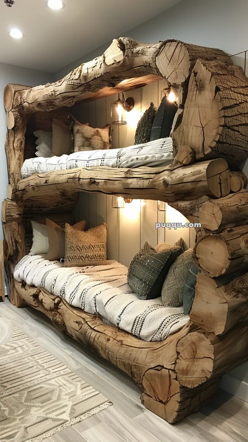 Rustic wooden bunk beds made from large tree logs with cozy pillows and blankets.