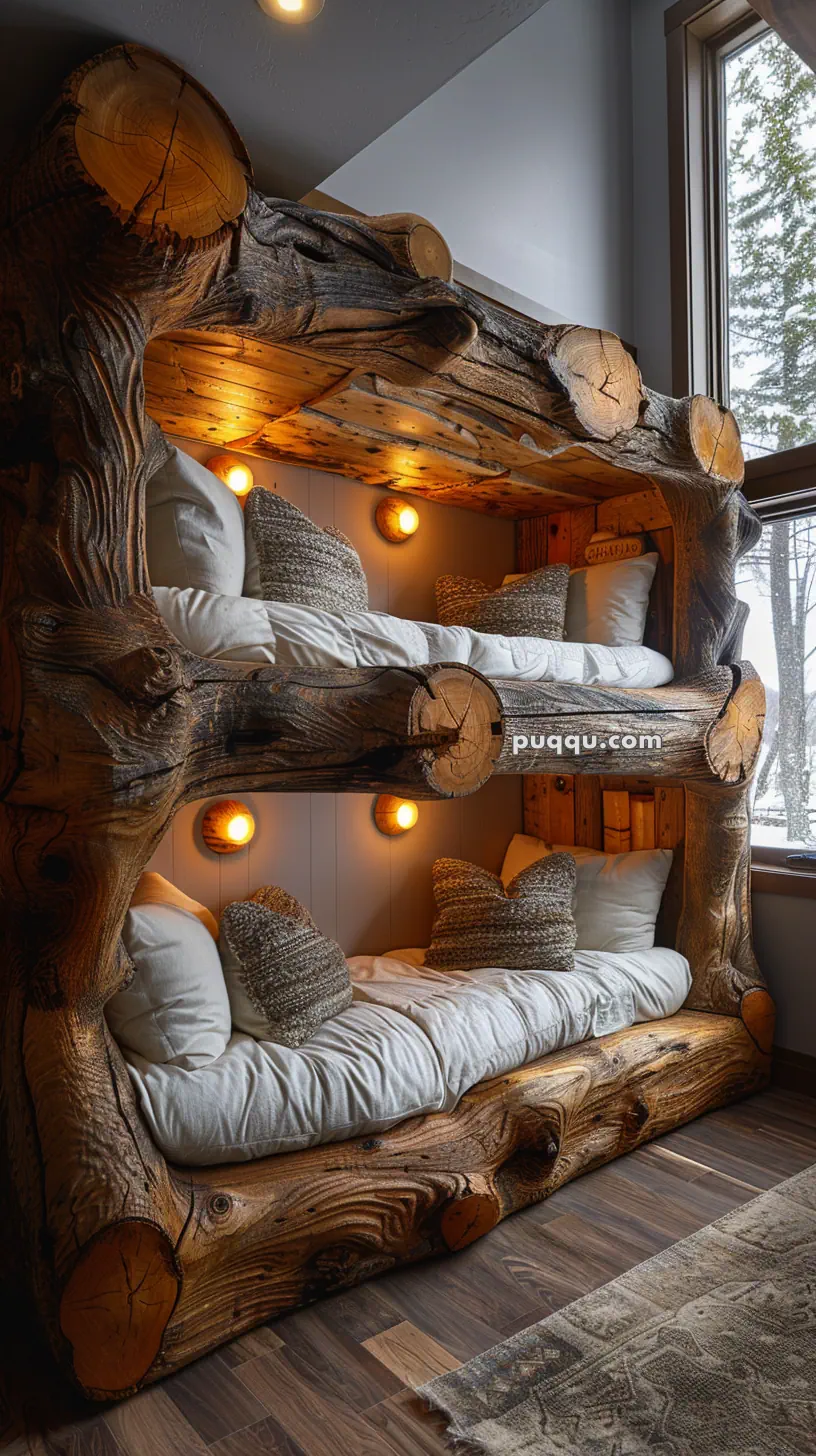 Rustic wooden bunk beds with thick log frame, white bedding, and decorative pillows, illuminated by warm wall lights.
