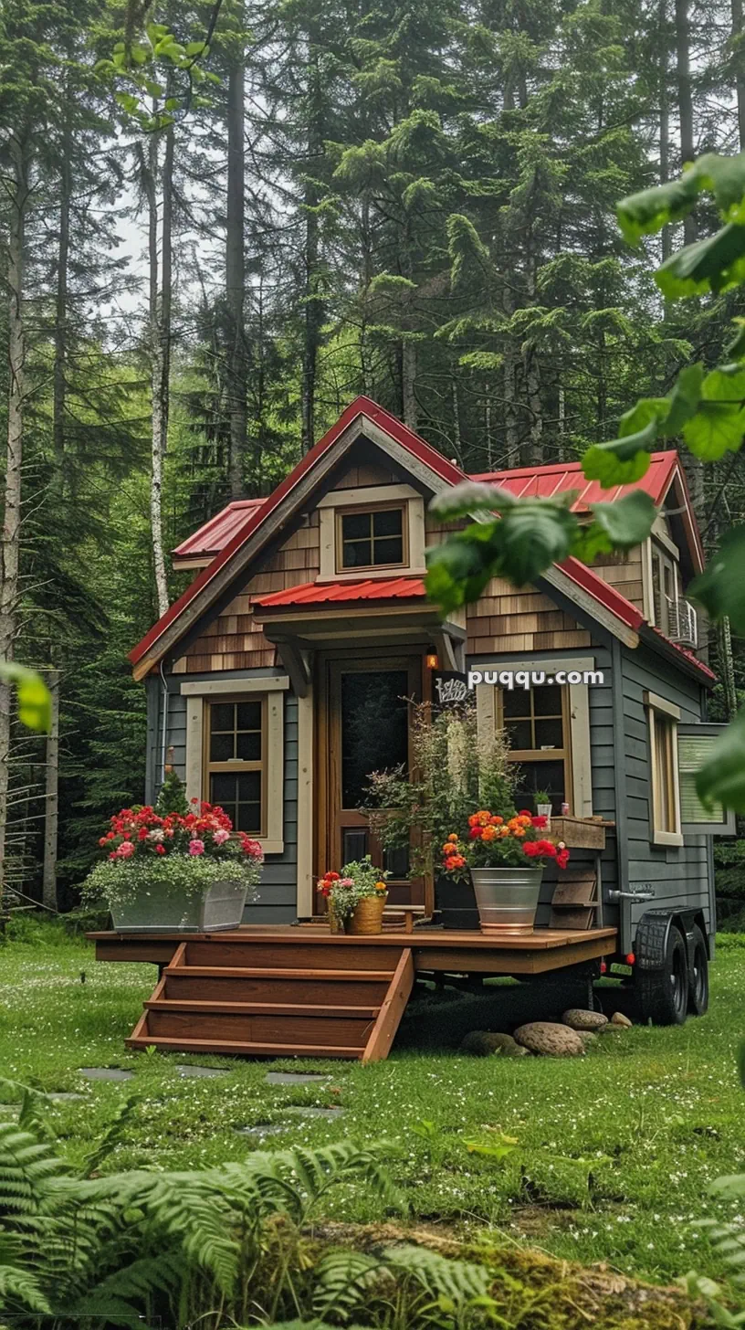 A charming tiny house with a red roof, surrounded by lush forest, featuring flower pots on the porch.