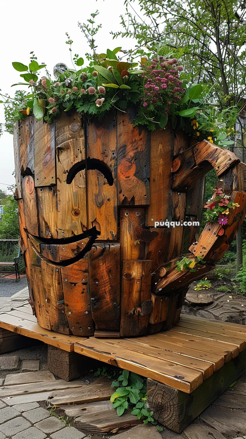 A large wooden sculpture resembling a smiling mug with green plants and flowers on top, standing on a wooden platform in a garden setting.