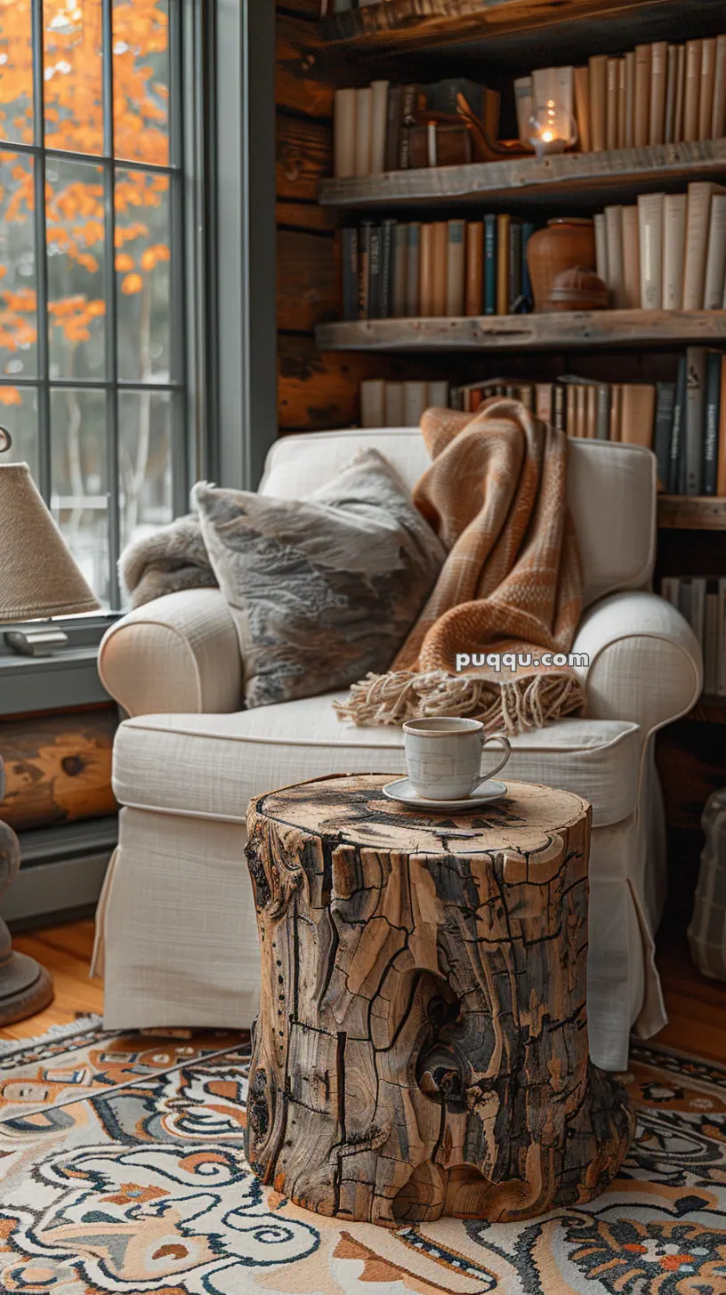 Cozy reading nook with a white armchair, patterned pillows, a warm throw blanket, a tree stump coffee table holding a cup, and bookshelves in a rustic cabin setting.