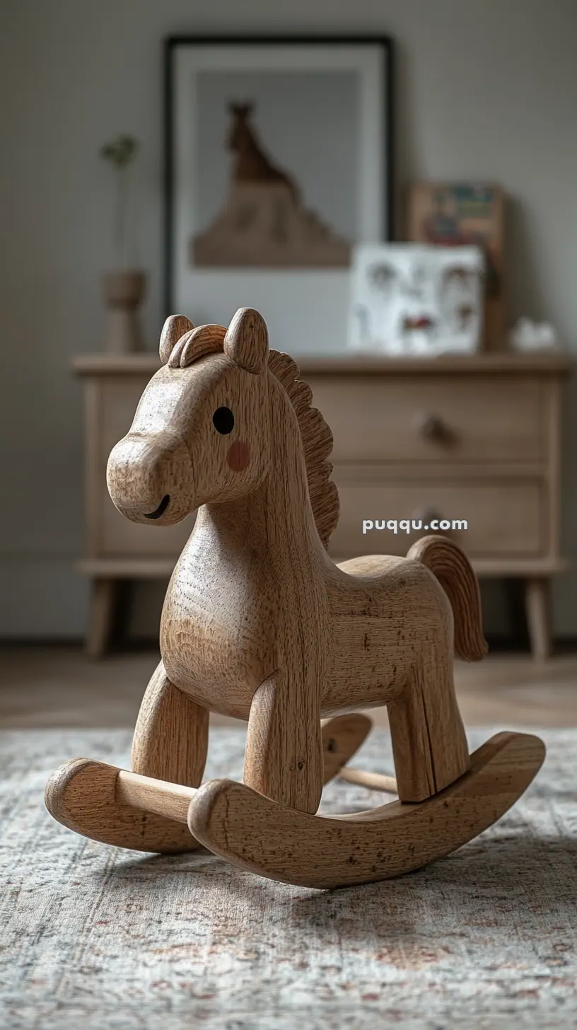 A wooden rocking horse toy on a carpeted floor with furniture and decorative art in the background.