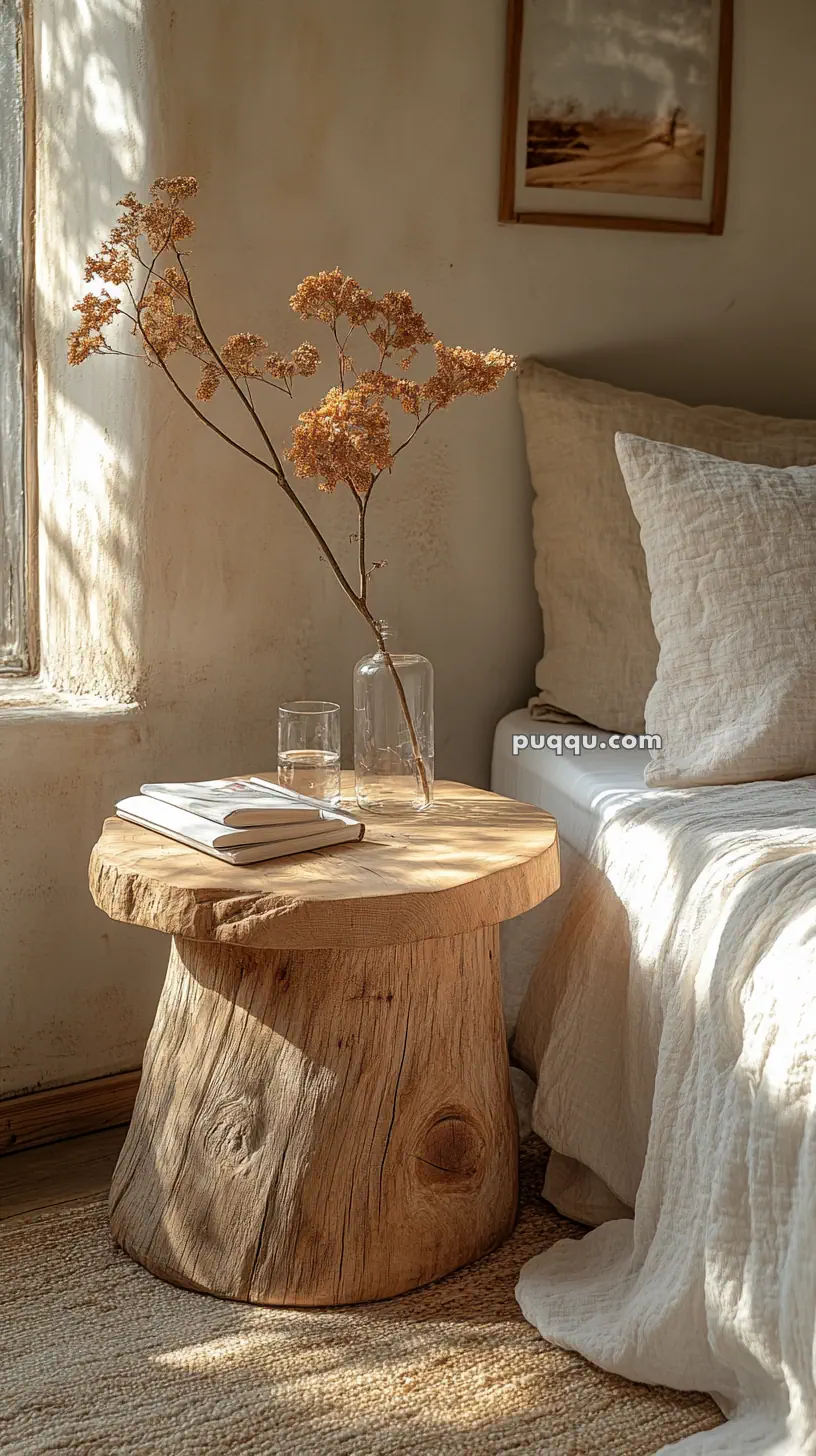 A rustic wooden bedside table with a glass of water, a vase with dried flowers, and a book, next to a bed with white linens and pillows.