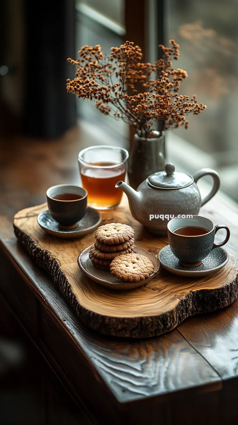 Tea set and cookies on a wooden slab with dry flowers in the background.