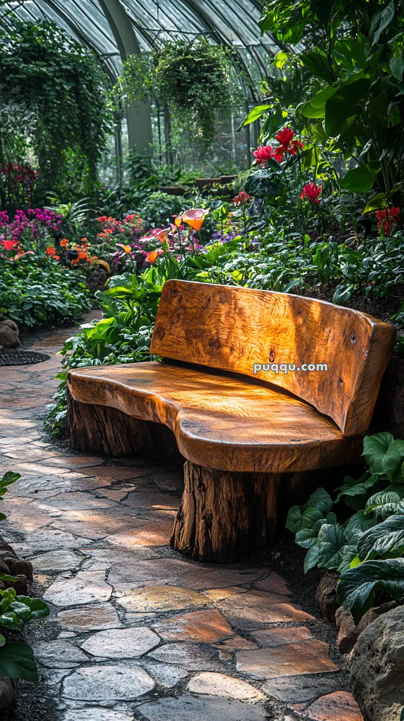 Wooden bench in a lush greenhouse with colorful flowers and plants.