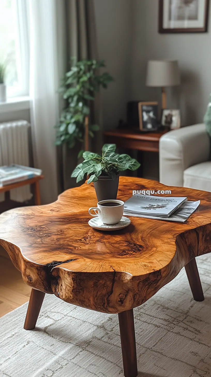 A rustic wooden coffee table with a cup of coffee, a plant, and a magazine in a cozy living room setting.