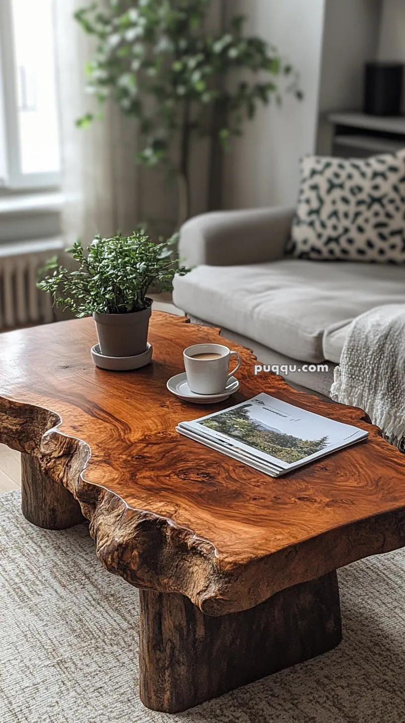 Rustic wooden coffee table with a plant, a cup of coffee, and a magazine in a cozy living room.