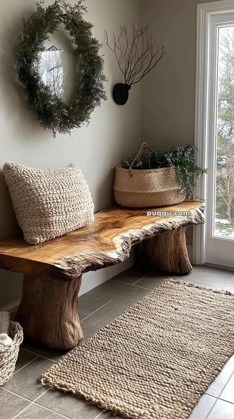Wooden bench with a knitted pillow and basket, set against a wall with a wreath, branch decor, and natural light from a nearby window.