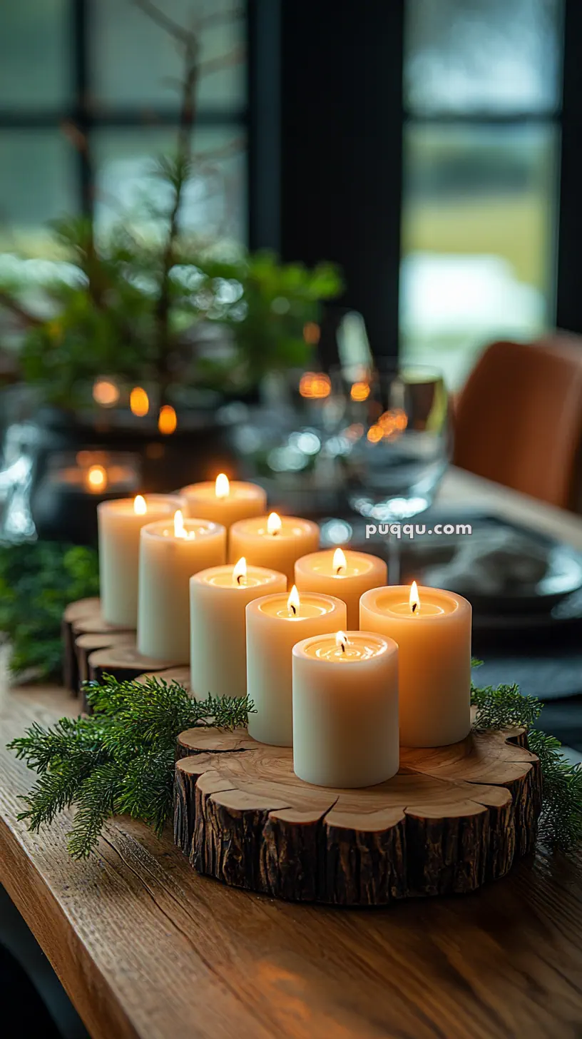 A set of lit white candles arranged on a rustic wooden slice with greenery, placed on a wooden table.