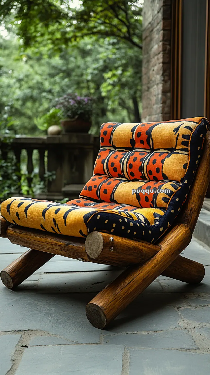Wooden lounge chair with colorful, patterned cushions on a stone patio.
