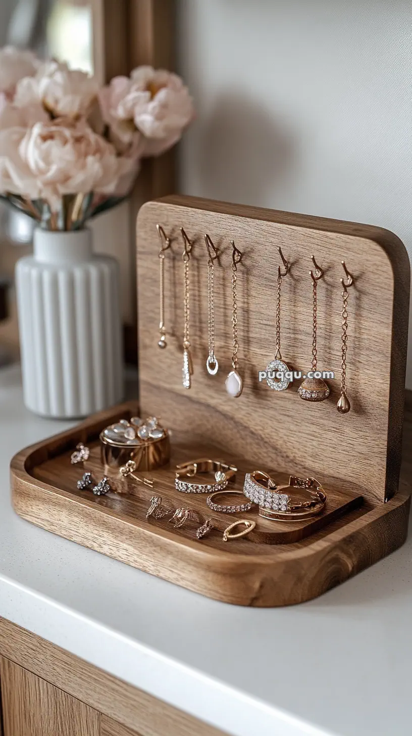 Wooden jewelry holder with various gold and diamond earrings, rings, and bracelets displayed, set on a countertop beside a vase of pink flowers.