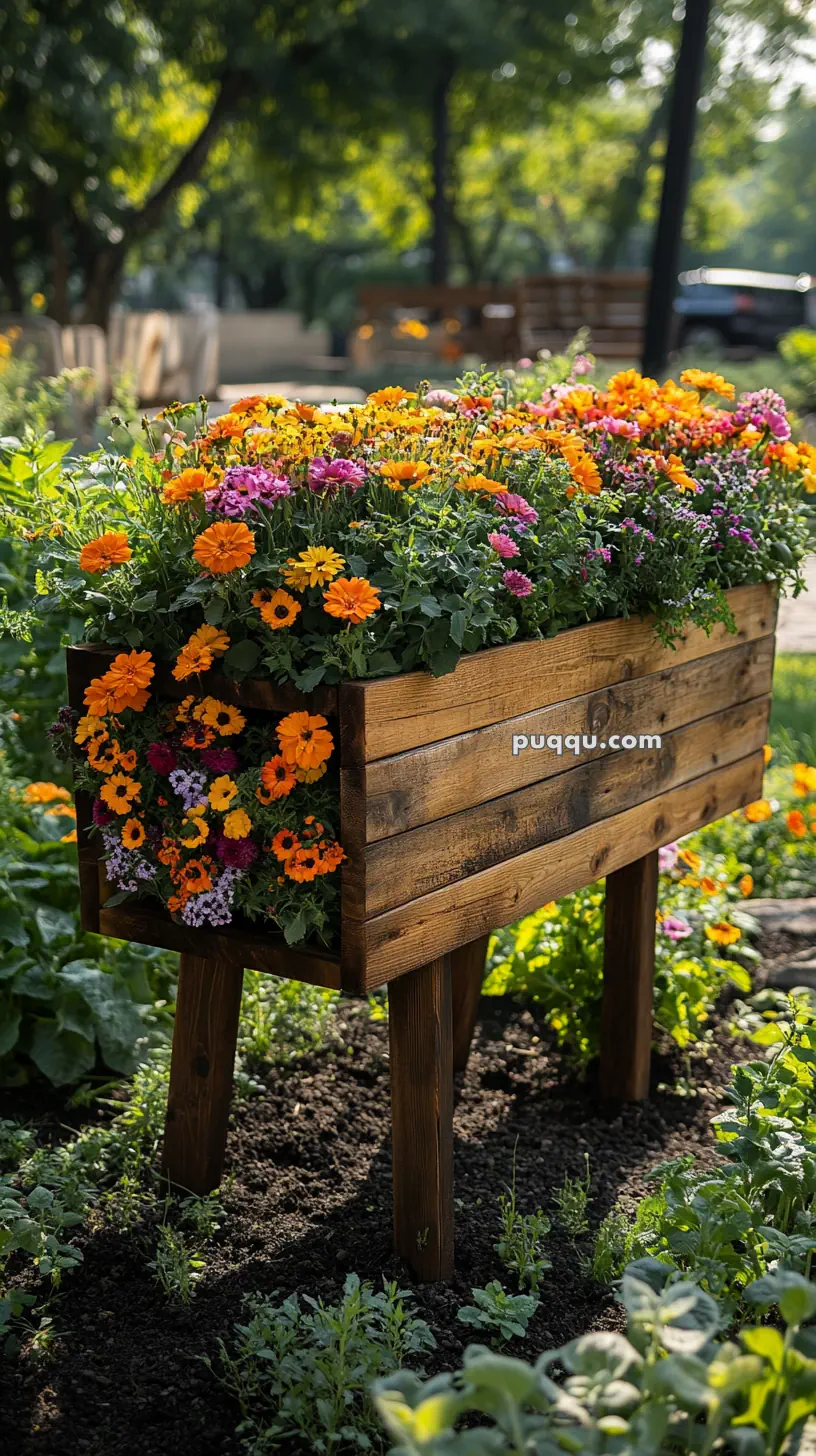 Wooden planter box filled with vibrant orange and pink flowers in a garden setting.
