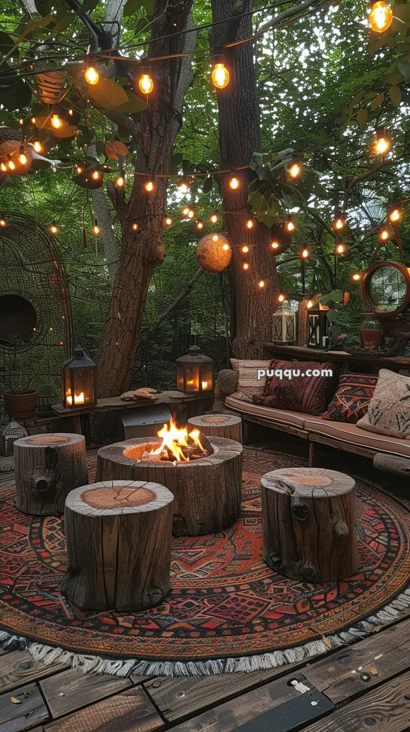 Outdoor seating area with a fire pit, surrounded by tree stumps and a rug, illuminated by string lights hanging from trees.