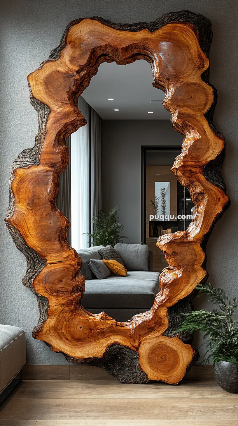 Natural wood-framed mirror with irregular, organic shapes in a modern living room.