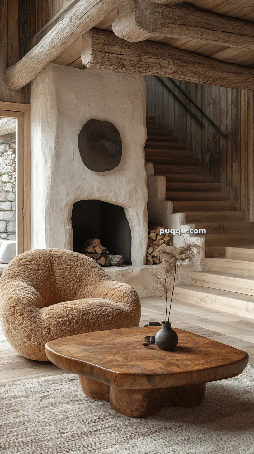 Cozy living room with a textured armchair, wooden coffee table, rustic fireplace, and wooden stairs.