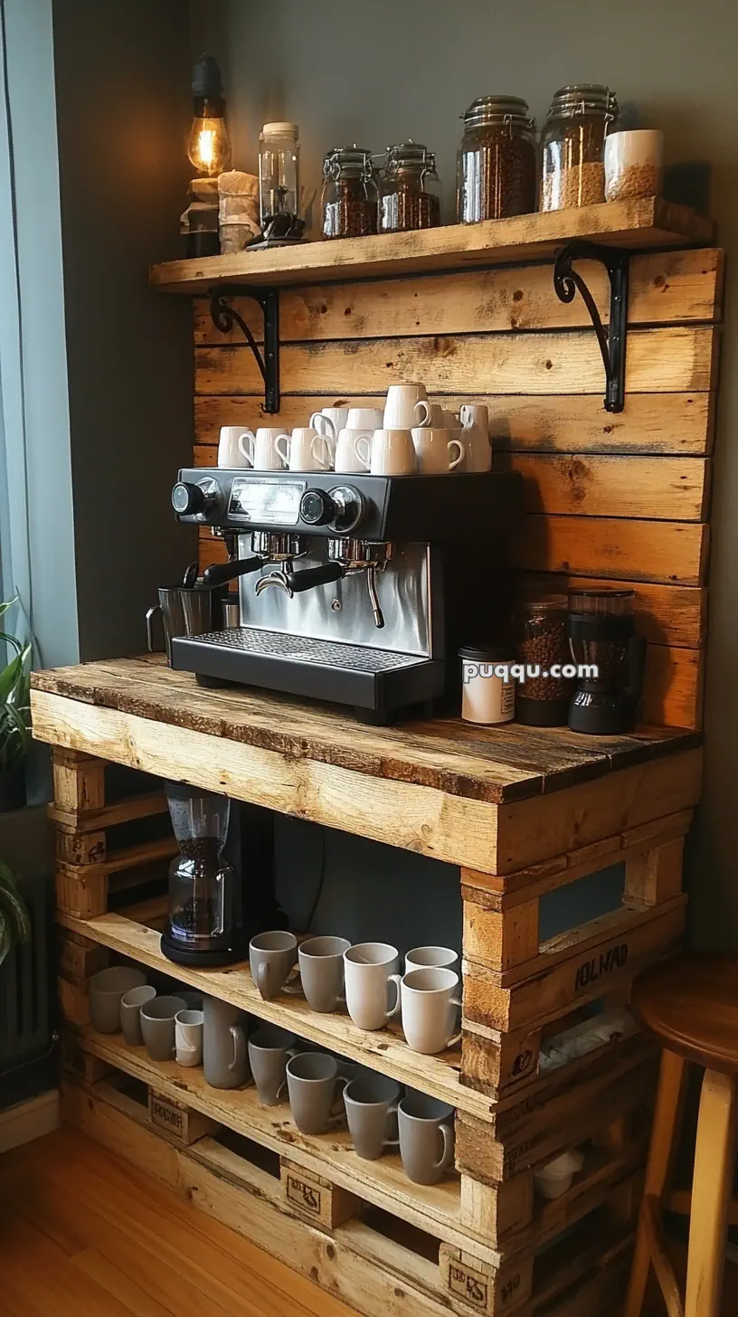 Rustic coffee station with a pallet wood structure, featuring a coffee machine, mugs, and jars of coffee beans.