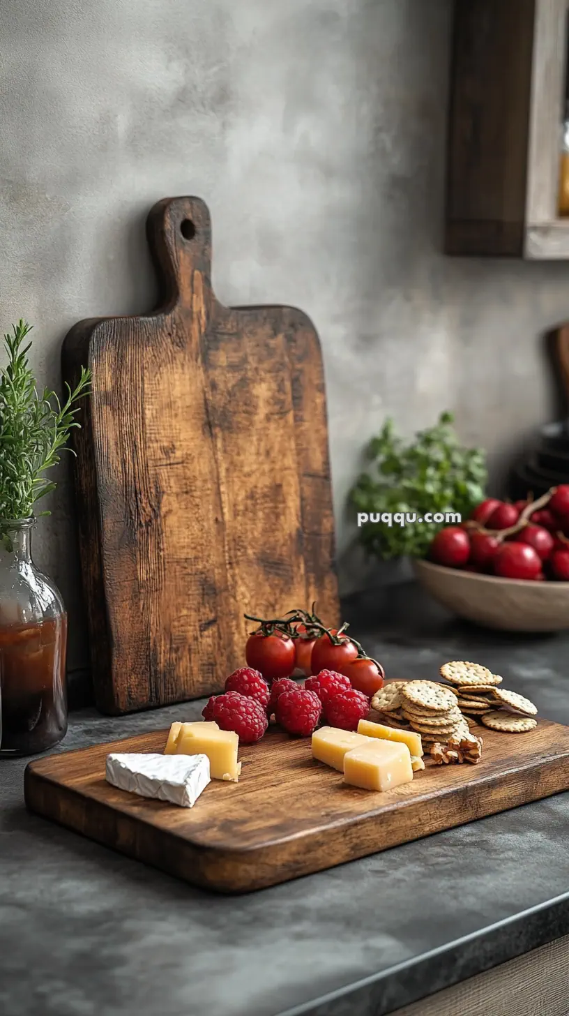 Wooden cutting board with assorted cheeses, raspberries, cherry tomatoes, and crackers on a kitchen countertop.