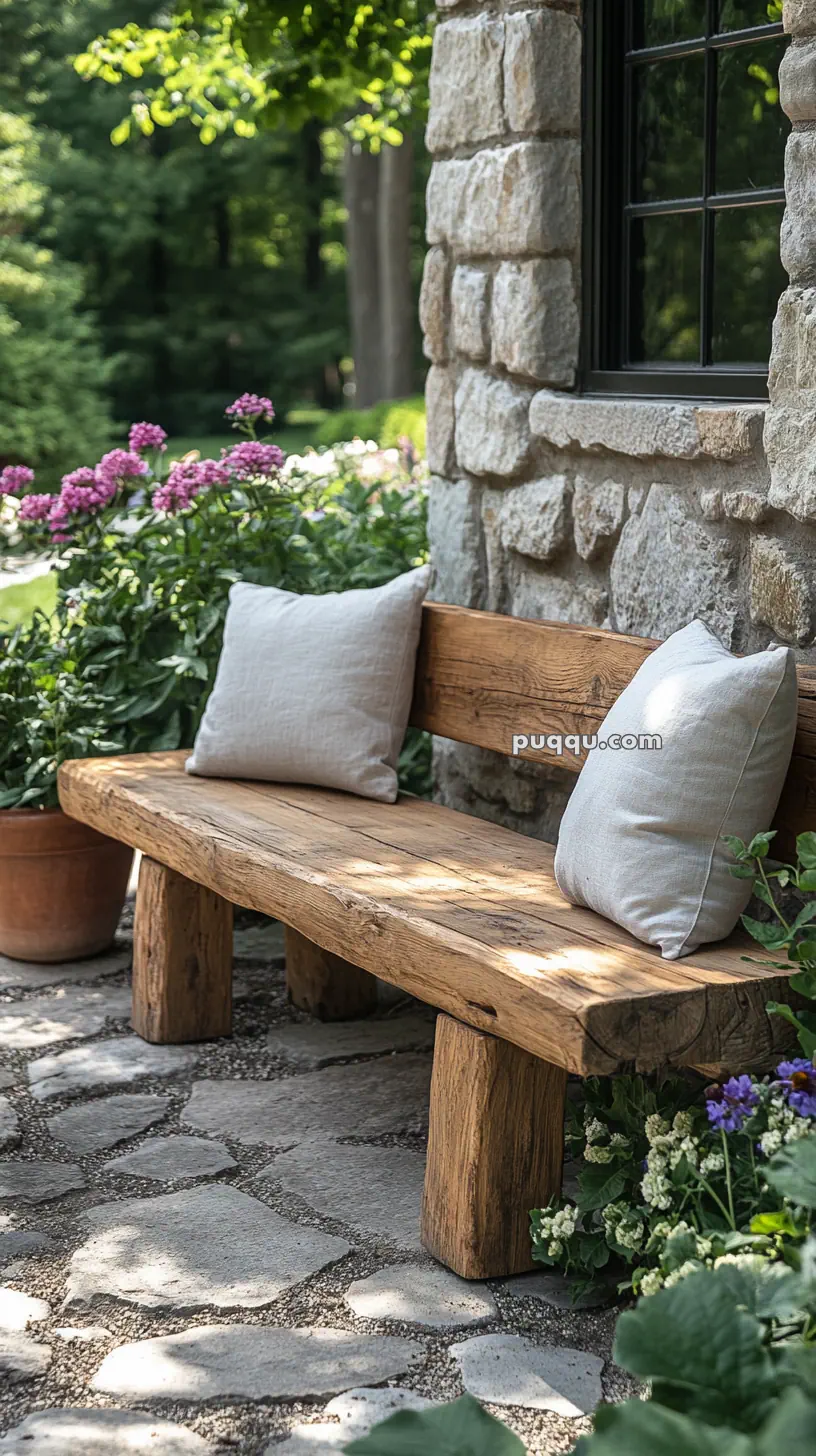 Wooden bench with two pillows next to a stone wall, surrounded by potted flowers and greenery.