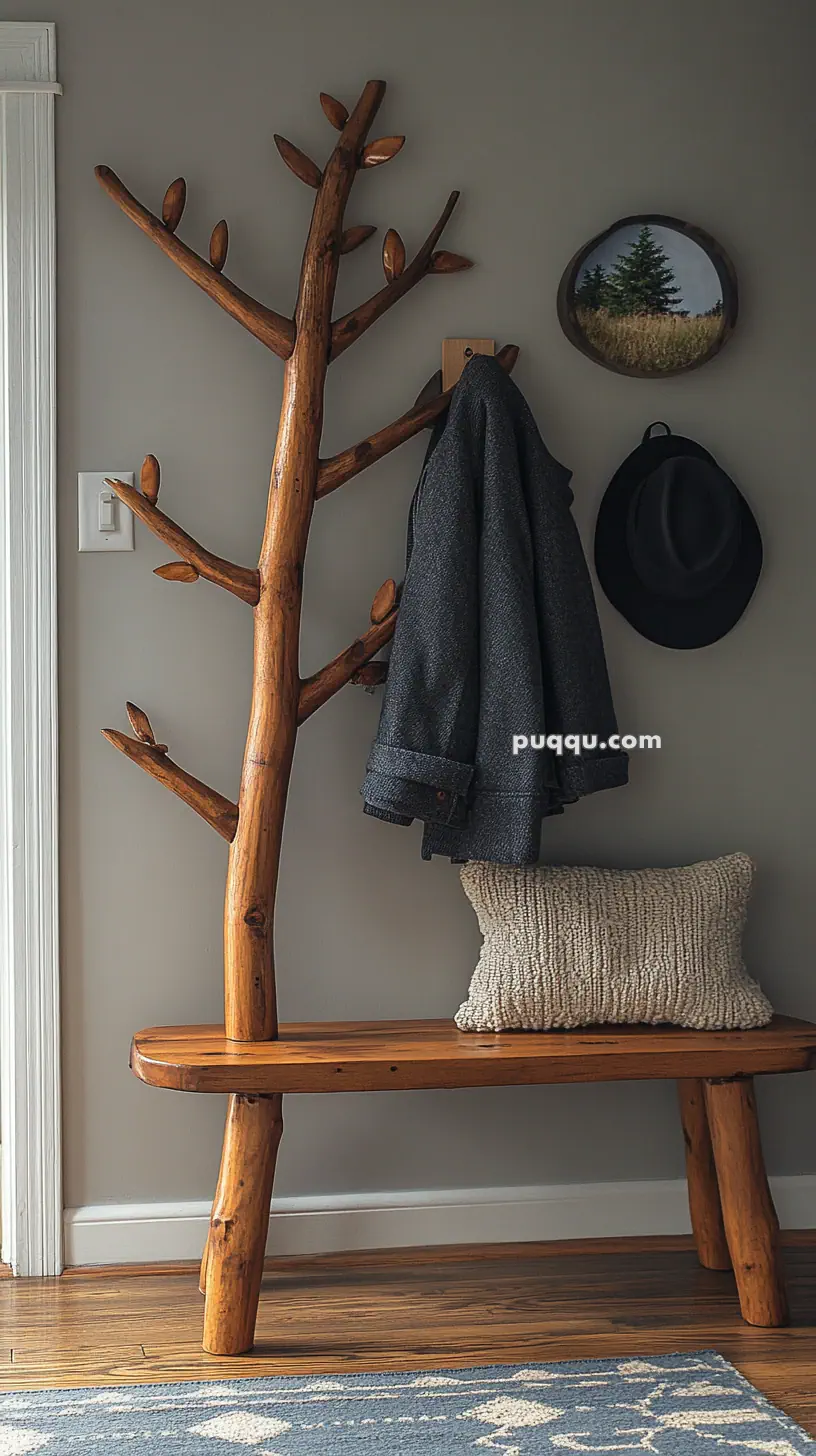 Wooden tree coat rack with a bench, gray coat, hat, cushion, and a wall art piece.