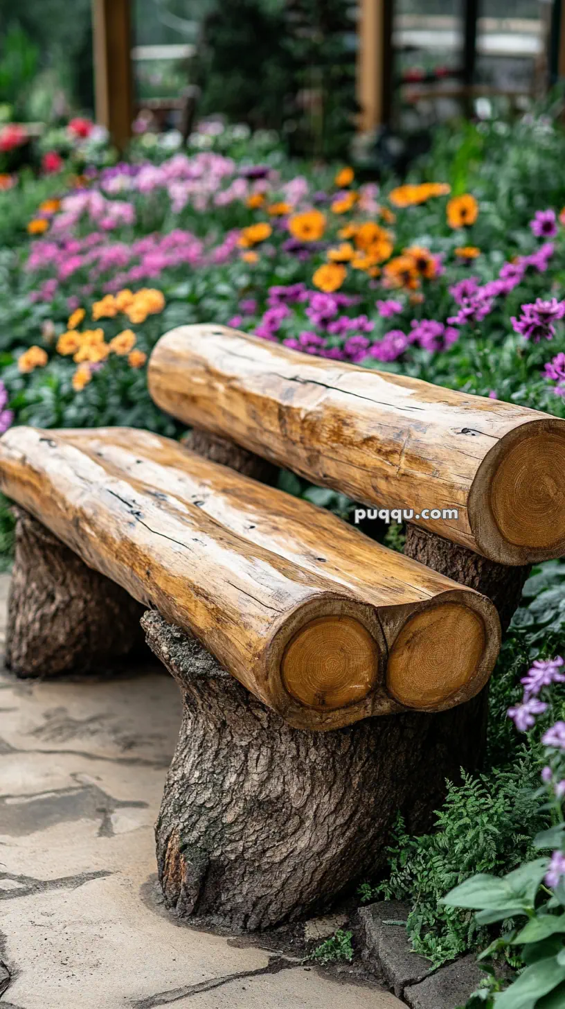 Wooden bench made from tree trunks in a colorful garden with flowers.