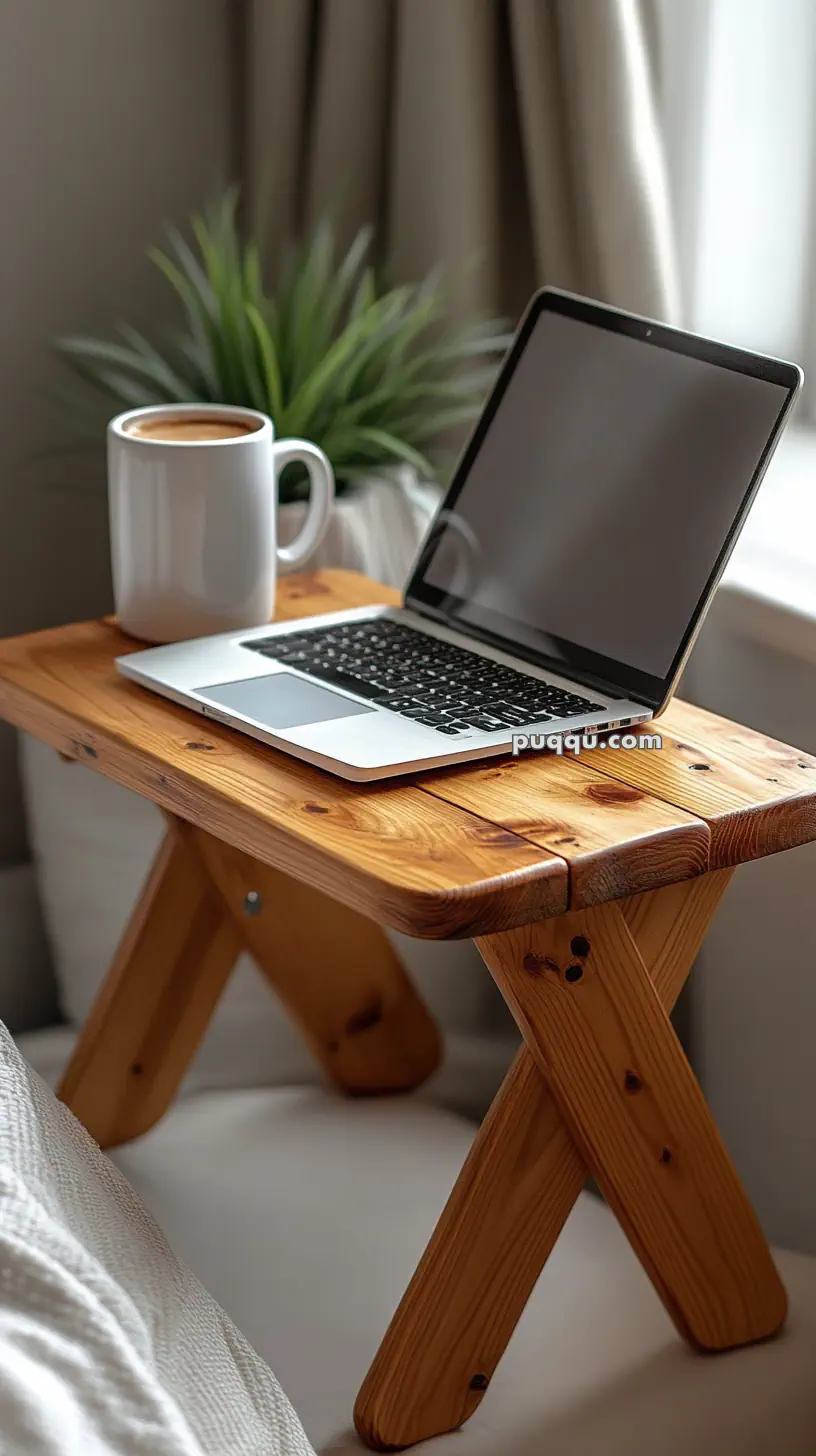 Laptop and a coffee mug on a wooden bed tray table with a potted plant in the background.