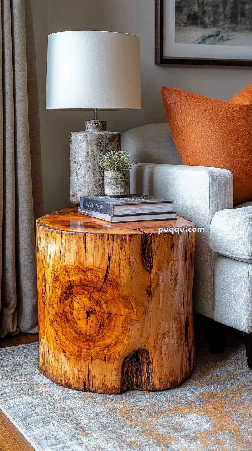 Wooden stump side table with a lamp, potted plant, and books placed on top, adjacent to a beige sofa with an orange pillow.
