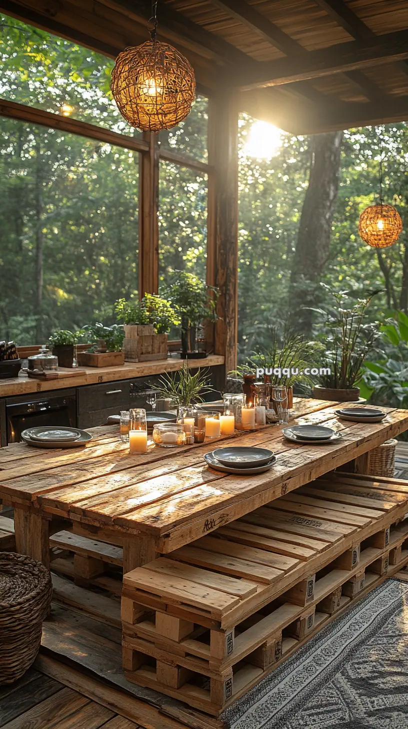 Rustic outdoor dining area with a wooden pallet table set with plates and candles, surrounded by plants and natural light streaming through forest greenery.