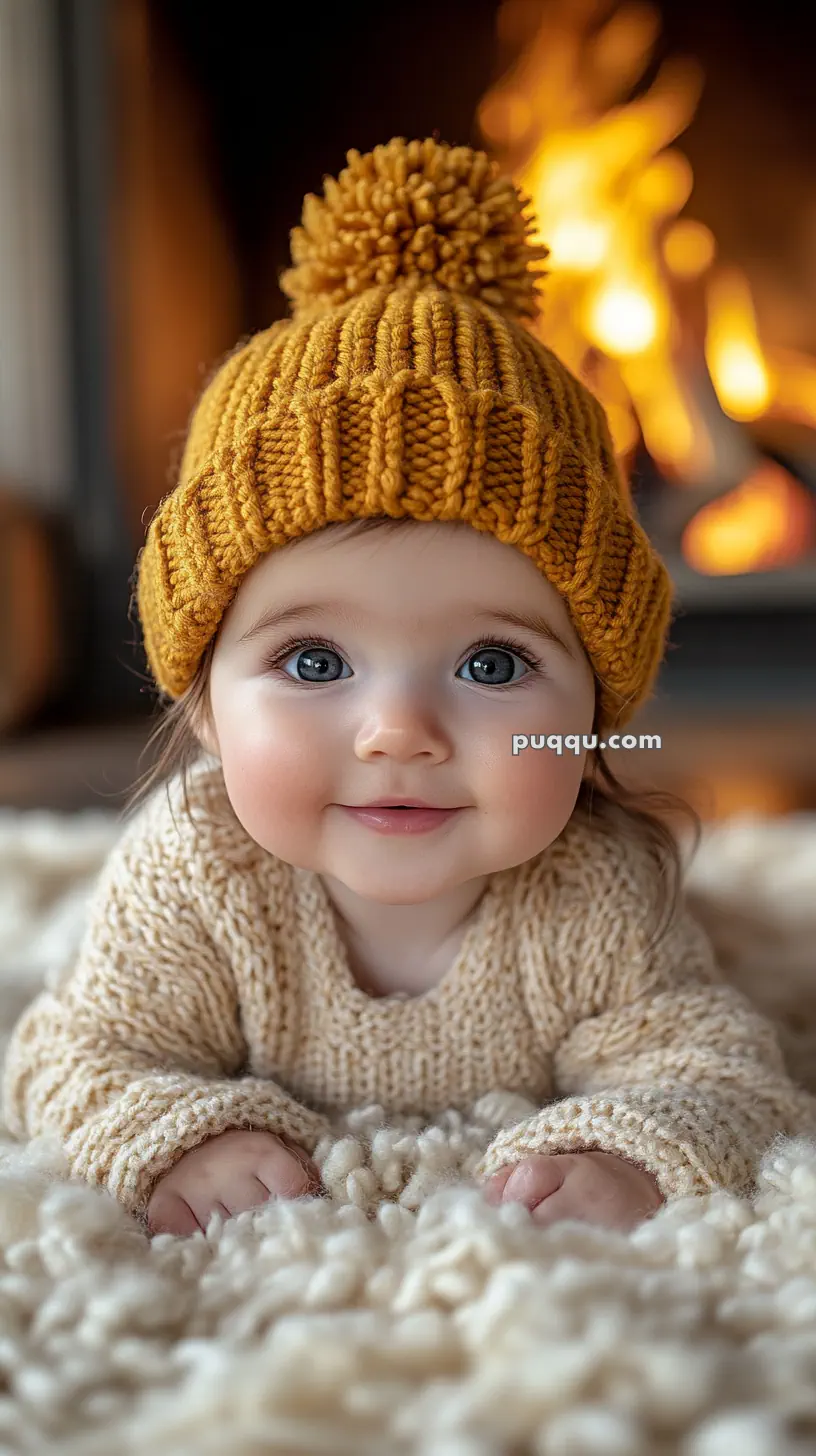 Baby wearing a mustard knit hat with a pom-pom and a cozy sweater, lying on a fluffy rug in front of a fireplace.