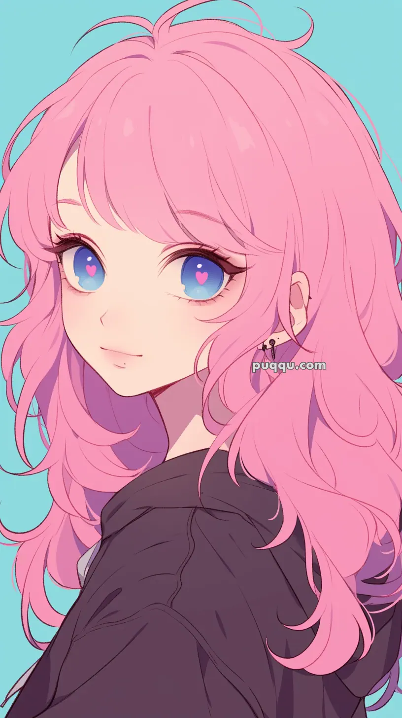 Anime-style illustration of a character with pink hair and blue eyes, wearing a black jacket.